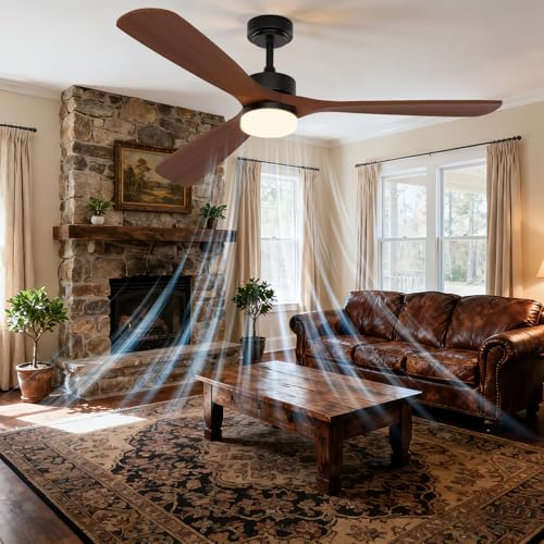 Image of 60 Inch Ceiling Fans with Lights and Remote Control, Walnut Ceiling Fan with Light for Bedroom, Living Room, Covered Outdoor, 6 Speeds Reversible Noiseless DC Motor, 3CCT, Dimmable LED Light