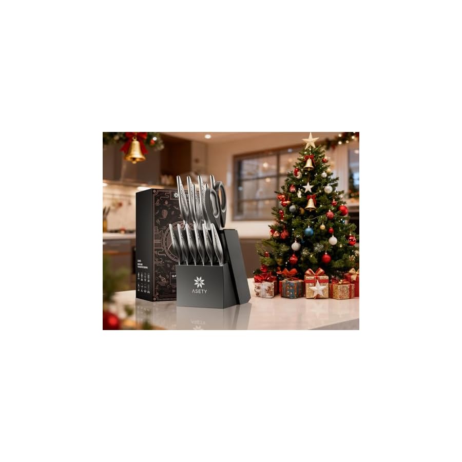 Knife Set - Ultra Sharp Knives Set for Kitchen with block, 15 PCS Stainless Steel Knife Set with Built-in Sharpener, Ergonomic Non-Slip Handle, Elegant Box for Men Women