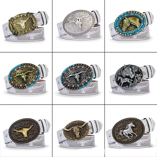 Women Western Cowboy Belt PU-Leather Floral Engraved-Longhorn-Bull-Buckle-Belts for Jeans Dresses,White b,130CM/51.2''4