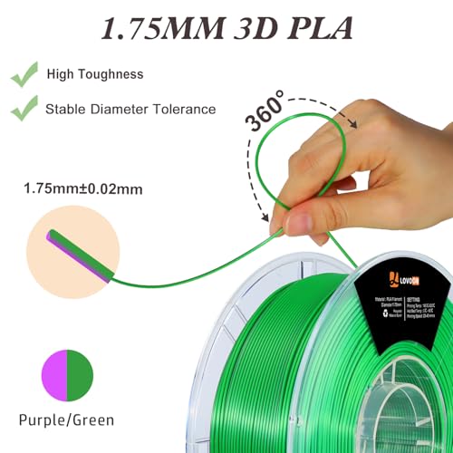 Image of LOVOON PLA 3D Printing Filament Multicolor PLA Filament 1.75mm Silk Dual Color Change by Angle Filament Pla 1.75, Fit Most 3D Printer& 3D Pen, Silk Green /Purple, 1KG(2.2lbs) /Spool