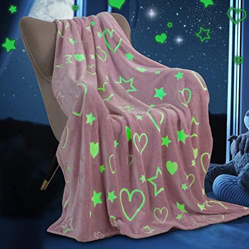 COTTEBED Glow in The Dark Blankets for Girls Pink Fleece Flannel Throw Blanket Kids Gift Star Heart Blanket Children Fun Present Birthday Easter Christmas 50x60