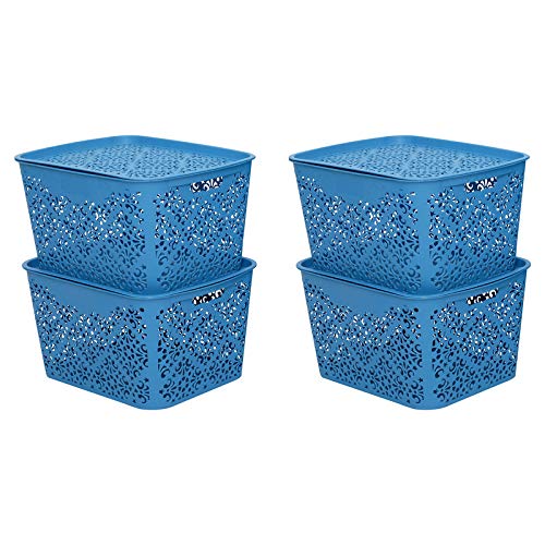 Cutting EDGE Unbreakable Plastic Turkish Baskets with Lid Fruit Vegetable Office Bathroom Stationary Home Rectangular Basket with Handle (Set of 4, Blue, Large, Dimension:- 41.7X32.7X25.5 cm)