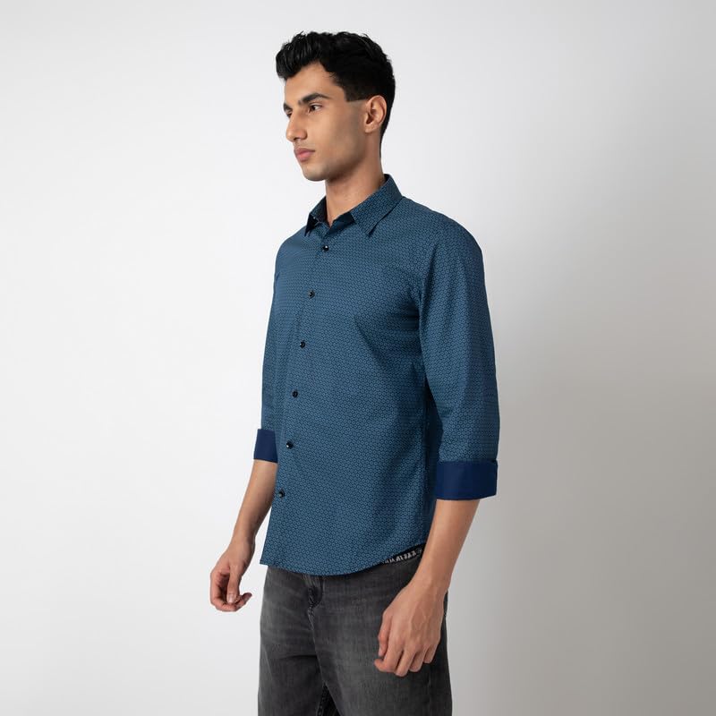 Image of MARK & ALBERT Men's Printed Full Sleeves Regular Fit Shirt Blue | 100% Cotton Stretchable Fabric