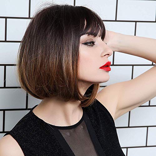 Altaba Ombre Brown Short Bob Wig with Bangs Natural Looking Bob Wigs for Women 12  Straight Silky Hair Synthetic Heat Resistant Wigs for Daily Party Cosplay Hair Wig