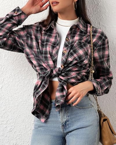 Image of CHYRII Womens Button Down Flannel Shirts Long Sleeve Plaid Shackets Business Casual Blouse Top