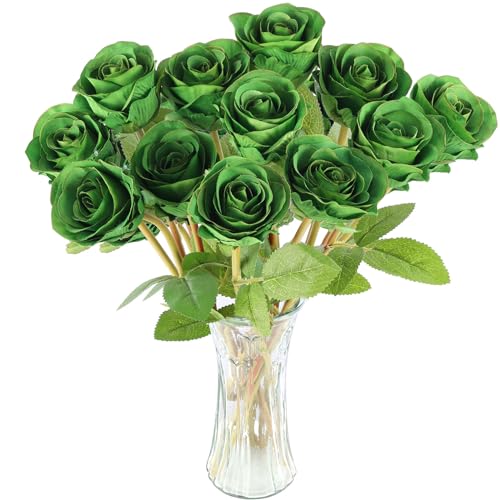 Hananona Artificial Roses Flowers for St. Patricks Day12 Pcs Silk Green Rose Bouquet for Spring Home Decoration Green Faux Roses for Wedding