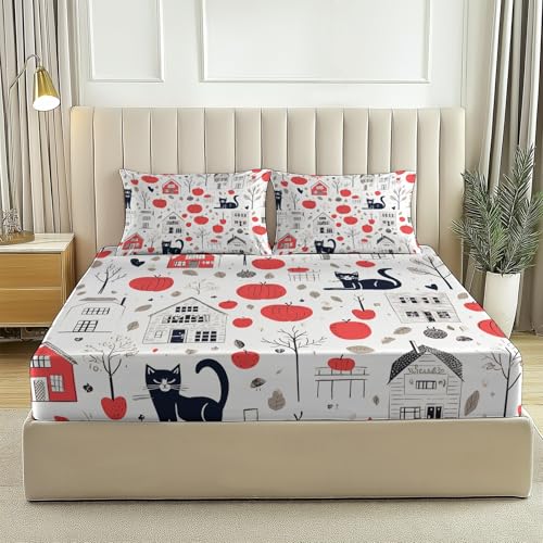 sábana Ajustable Calabaza de Gato de Campo Juego de Sabanas Estampadas 3 Piezas 90 x 190 cm Algodón Poliéster, Bajera, Funda de Almohada 100% Microfibra Rojo Negro