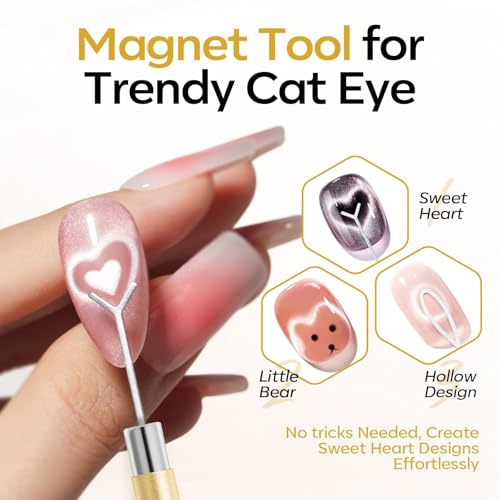 Image of modelones Cat Eye Magnet Set, 5PCS 3-in-1 Dual-Head Nail Magnet Pen with Heart, Lightning & Ball Shapes for Cateye Gel Polish, Side Light Wide Light Glass Glow Effects, DIY Nail Art Tooln