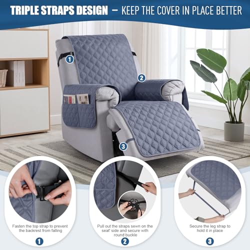 Image of TAOCOCO Recliner Sofa Covers, 100% Waterproof Recliner Covers with Leg Straps, Reversible Recliner Couch Cover for Reclining Chair, Washable Couch Protector for Pets Kids(1 Seater 22 inch, Bluish Gray)
