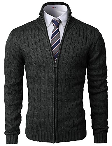 H2H Mens Casual Slim Fit Knitted Cardigan Zip-up Long Sleeve Thermal with Twisted Pattern Charcoal US L/Asia XL (CMOCAL038)