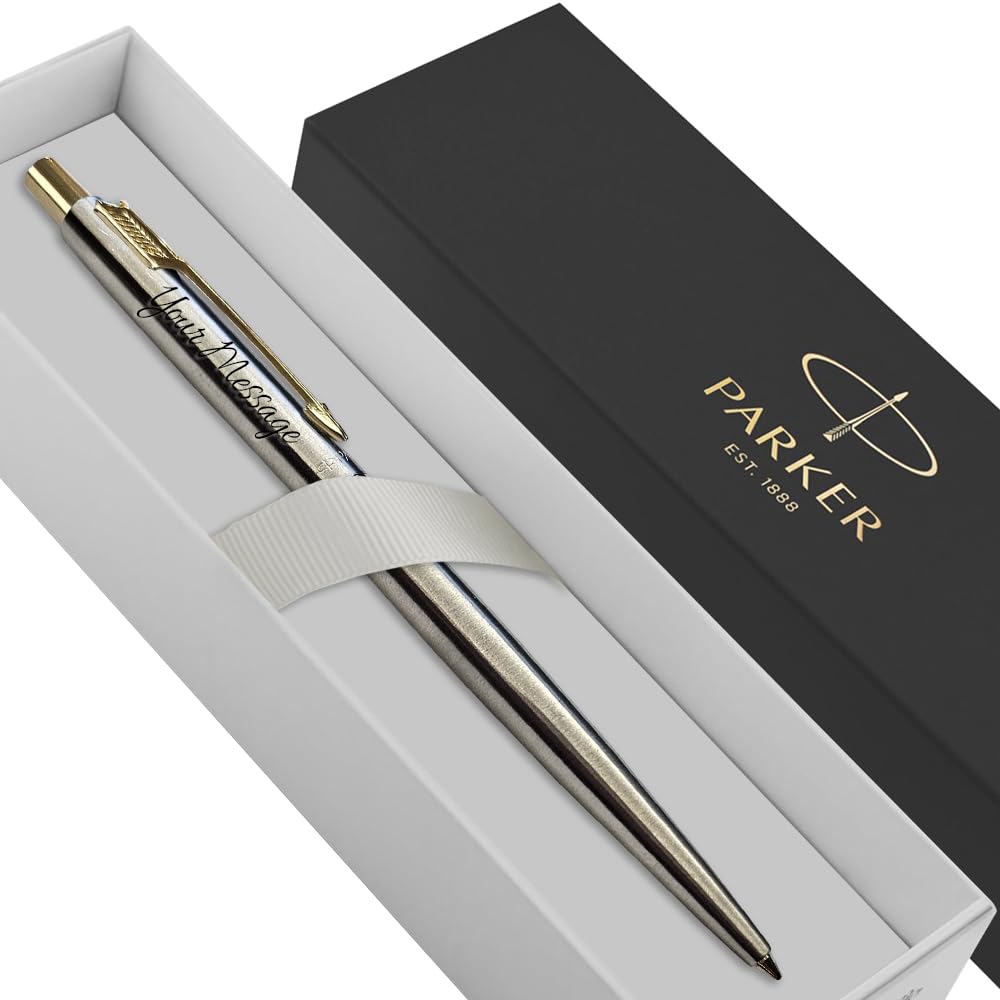 Parker Classic Slimline Ballpoint Personalised Pen In Classy Gift Box Ideal Anniversary, Birthday or Fathers Day Gift Perfect Men & Women Engraved Parker Pen With Laser Engraving (Silver, Gold Clip)