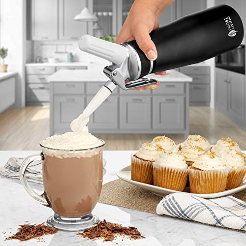PROFESSIONAL WHIPPED CREAM DISPENSER - Aluminum Whipper Canister with 2 Nitrous (NOS) Cartridge Holders and three decorating tips - Homemade Whip Cream Maker