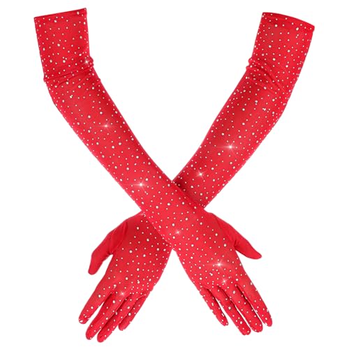 Gants Rouge Longs en Dentelle avec Strass Accessoires de Fête de Thé pour Femme Longueur Coude Manches en Maille Opéra Mariée Carnaval Fête d'Halloween...
