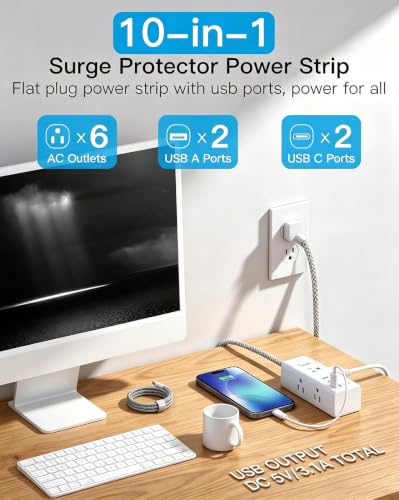 One Beat Surge Protector Power Strip, 5 Ft Flat Plug Extension Cord, 900J - image 2