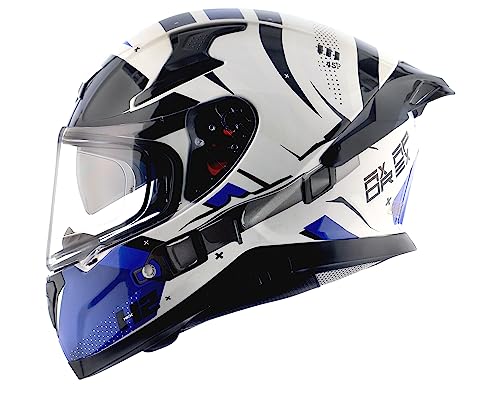Image of Axor Hex-2 ISI ECE DOT Certified Full Face Dual Visor Helmet for Men and Women with Pinlock Fitted Outer Clear Visor and Inner Smoke Sun Visor Motorbike Helmet White Blue-L