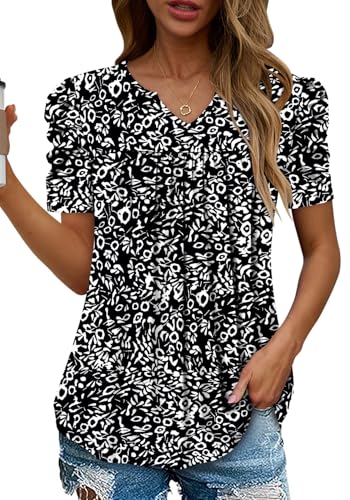 KISSMODA Tops for Womens Summer Cute Short Sleeve Shirts Trendy Notched Neck Blouses Casual Loose Pleated Tunics S-3Xl