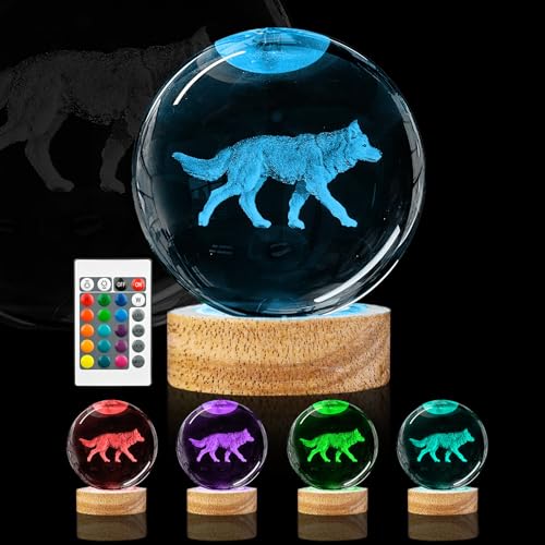 Oriamde Bola de cristal 3D de lobo con luz nocturna de 3.15 pulgadas, figura de lobo de cristal con base de madera que cambia de color, decoración del hogar, regalo ideal para amigos, niños, Navidad, Oriamde Bola de cristal 3D de lobo con luz nocturna de 3.15 pulgadas, figura de lobo de cristal con base de madera que cambia de color, decoración del hogar, regalo ideal para amigos, niños, Navidad,