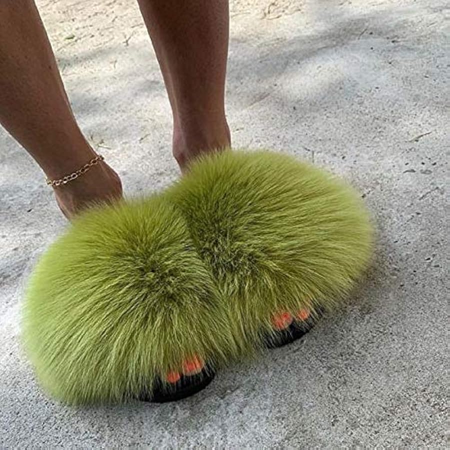 Amazon.com | LVCOMEFF Women Real Fox Fur Sandals Slides Lime