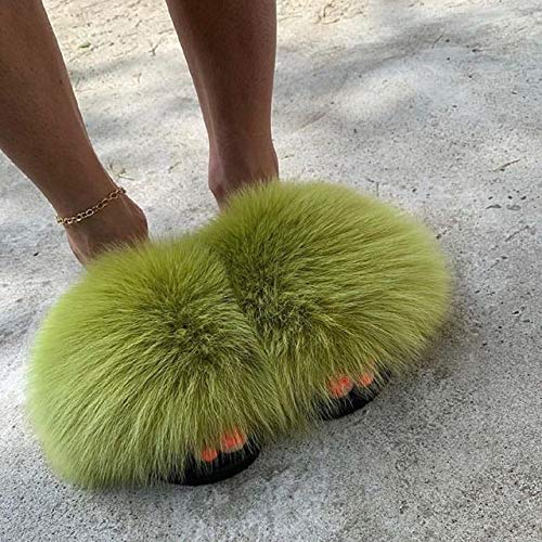 LVCOMEFF Women Real Fox Fur Sandals Slides Lime Green Rose Red Color Slippers Summer Fluffy4