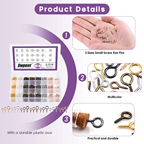 Swpeet 1610 Pcs 3 Sizes Metal Screw-in Eye Bolts & Hooks Kit, KC Gold, Silver, White Gold, Imitation gold, Bronze, Gun-black - Image 3