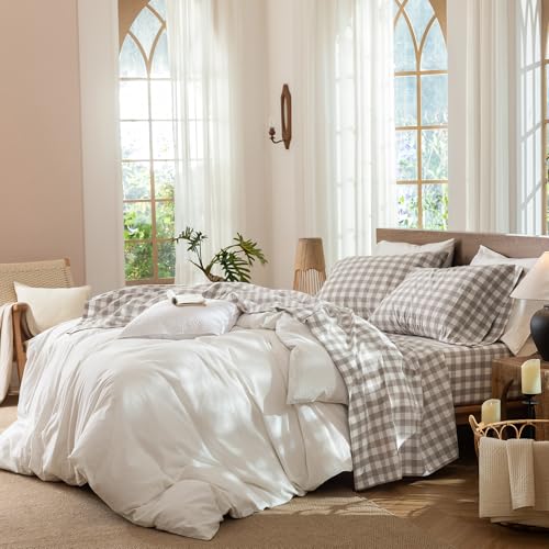 Image of MooMee Gingham Sheet Set 100% Washed Cotton Linen Like Textured Breathable Soft w /Fully Elasticized 16-19 inch Deep Pocket (Buffalo Plaid Tannish Linen Grey, Queen)