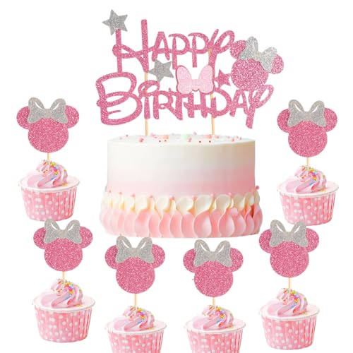 Wootkey Glitter Mouse Inspired Cupcake Toppers with Bow Pink and Sliver Happy Birthday Cake Topper Cupcake Picks 25Pcs Pink Birthday Party Favors Cake Decorations Supplies