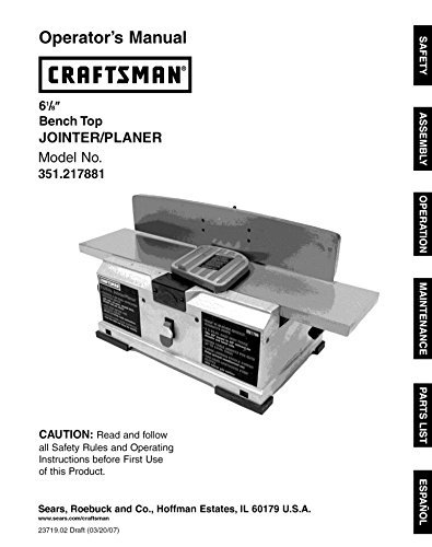 Instruction Manual for Craftsman 351.217881 Planer Owners Instruction ...