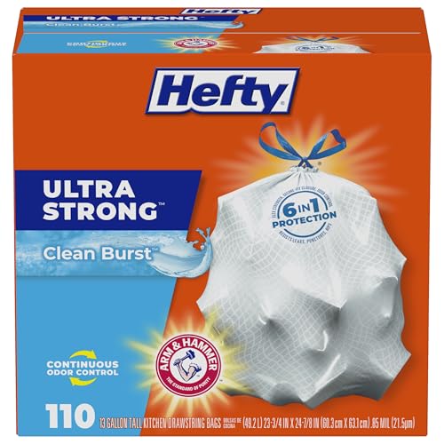 Hefty Ultra Strong 13 Gallon Trash Bags, Tall Kitchen Trash Bags 13 Gallon Size, Drawstring Closure, Continuous Odor Control, White, Clean Burst Scent, 110 Bags