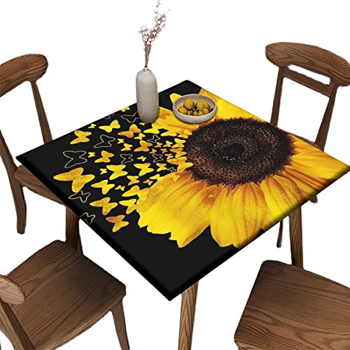 Sunflower Tablecloth Square, Rustic Farmhouse Floral Elastic Edged Polyester Fitted Table Cloth for Outdoor Indoor, Waterproof Wipeable Table Cover, Fits Tables up to 52
