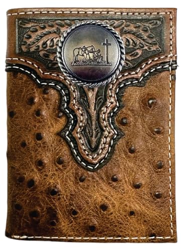 Custom Large Praying Cowboy Church ARIAT Tooled Ostrich Trifold Wallet