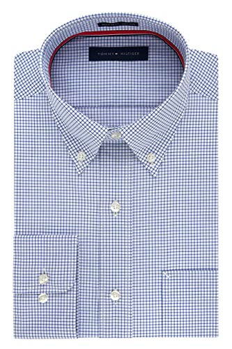 Tommy Hilfiger Men's Non Iron Regular Fit Check Button Down Collar Dress Shirt, Empire Blue, 16.5" Neck 34"-35" Sleeve #TOP2