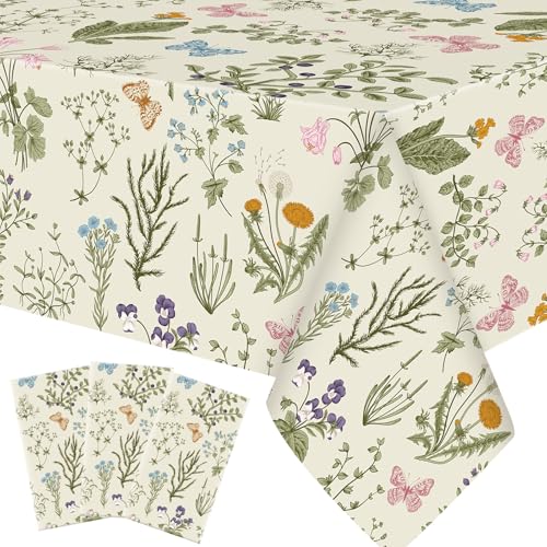Image of Ganeen 3 Pcs Spring Wild Floral Tablecloth Disposable Plastic Table Covers Watercolor Wildflower Table Cover Waterproof Tablecloths for Summer Birthday Wedding Party Decor, 54 x 108 Inch