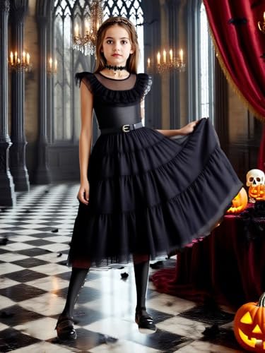Disfraz Negro para Niñas Halloween, Vestido Gótico con Cinturón miniatura 2