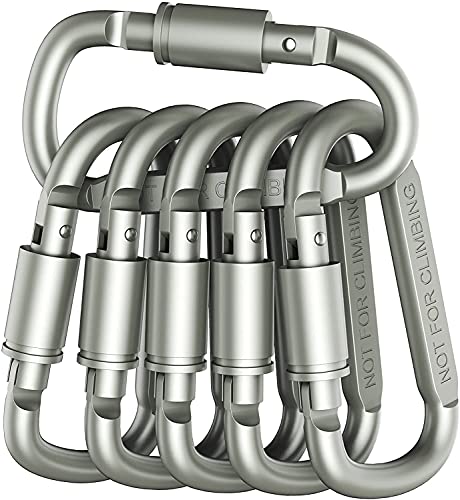 Carabiner Clip Aluminum D-Ring Locking Durable Strong and Light Large Carabiners Clip Set for Outdoor Camping Screw Gate Lock Hooks Spring Link Improved Design Pack (10 Pack)