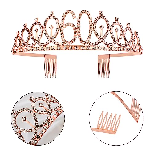 60. Geburtstag Schärpe Und Tiara, Krone 60 Roségold Kristall Geburtstagkrone Set, Rose Gold Geburtstagskrone Schärpe Deko Birthday Crown für Mädchen Frauen Birthday Party Accessoires