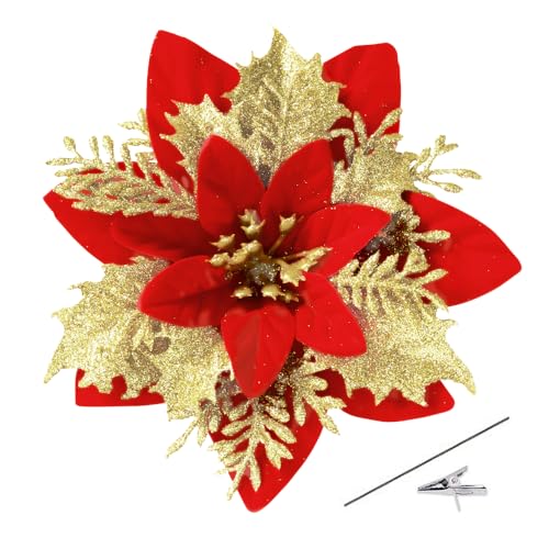 Bafenli 15 Piezas 14CM Flores de Navidad Parpadeo Poinsettia Flores Artificiales Árbol de Navidad Adornos con Clips Tallos para Bricolaje Guirnalda Fiesta Casa Decoración - Rojo Dorado