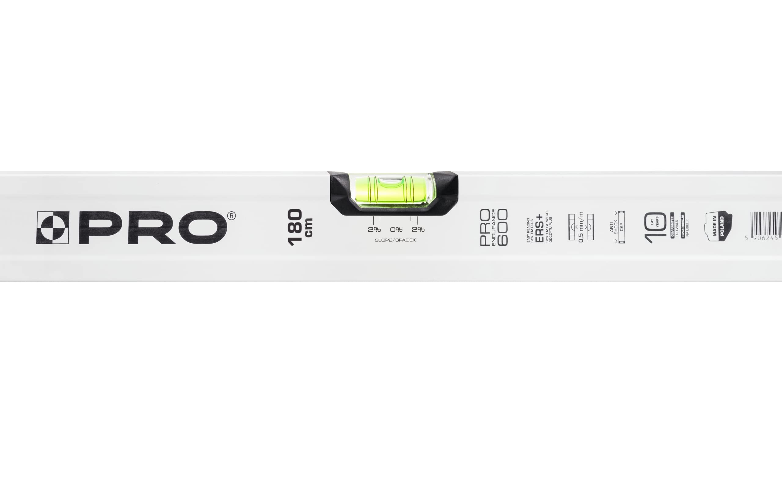 PRO600 Nivel de burbuja 180cm con 2% de inclinación -Perfil ergonómico y ERS+ (Easy Reading System) Nivel de precisión con tapones antichoque - Color Blanco