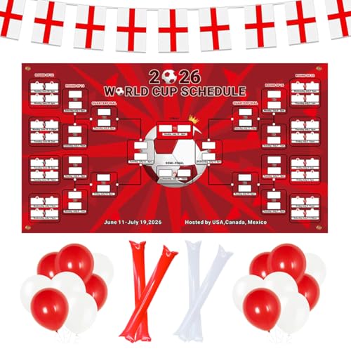 World Cup Wall Chart 2026 150 x 90cm World Cup Party Decoration Set with Balloons Cheering Sticks England St George Bunting England Tattoo Stickers for Match England Theme Party Indoor Outdoor