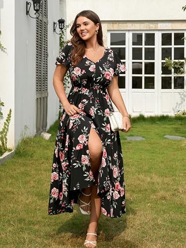 Image of RWJ Women Plus Size Maxi Dress V Neck Short Sleeve Button Trim Split Flowy Tiered Casual Long Dresses 2025 L-3XL