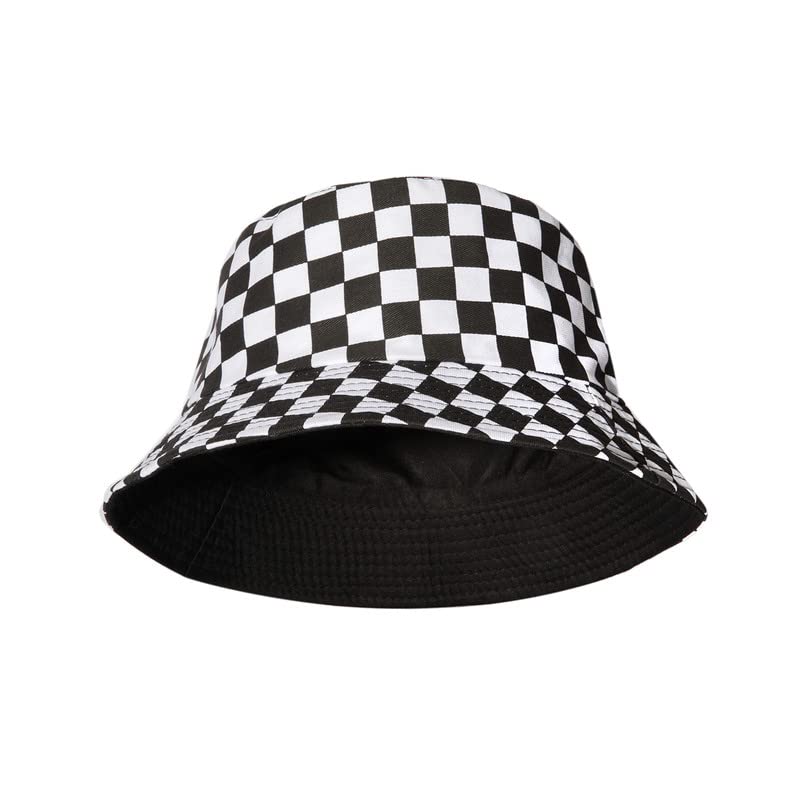 Unisex Bucket Hat Black Checkered Print Double-Side-Wear Reversible White Sun Hat for Women Men Black Packable Fisherman Hat for Teen Summer Vacation Travel Beach Outdoor Wide Brim Cap