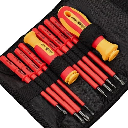 10 Pcs VDE Insulated Electrician Interchangeable Screwdriver Set, GS Certified 500V Chrome Vanadium Steel Magnetic Bit & Soft Grip Handle with Pouch