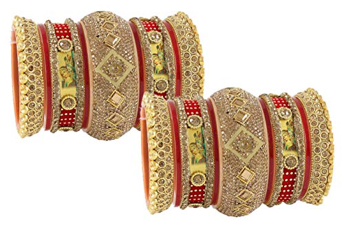 Image of NMII Traditional Gold Plated Acrylic Bangles Bridal Chuda Set For Women & Girls with Zircon Diamond & Pearls Beads Work | Royal Wedding Chudas | Premium Look | Bangles For Wedding, Festive, Function