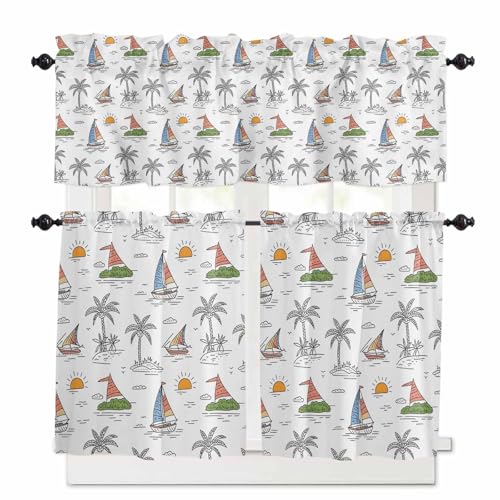 Tropical Plants Kitchen Curtains 36 Inch Length,3 Piece Rod Pocket Small Half Tiers and Valance Set,Cartoon Summer Palm Tree Sun Ship Beach Small Large Window Treatment Decor for Bedroom/Bathroom