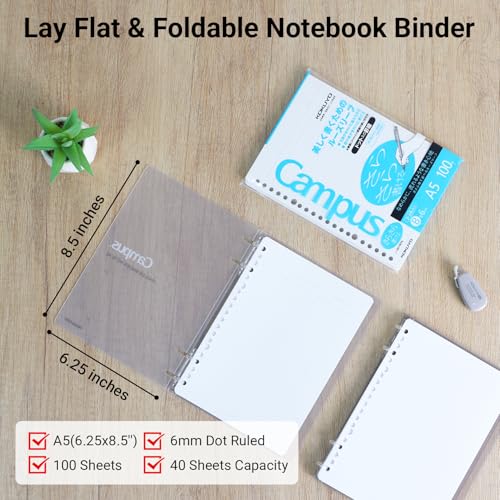 Image of KOKUYO Campus 2x2 Spiral Binder Notebook, A5 Refillable Binders + 100 Refill Papers with 6mm Dot Ruled, 40 Sheet Capacity, Gray Lined Notebook for School, Work, Note Taking
