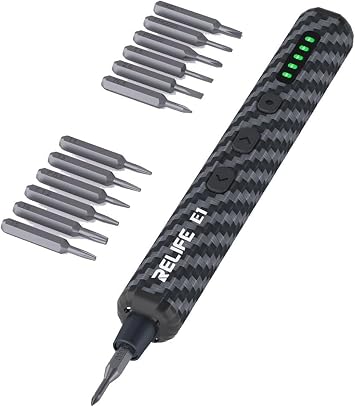 fonefunshop Relife E1 Electric Screwdriver Carbon Fiber Rechargeable 12 Bits Phone Repair, M, Black, e1driver