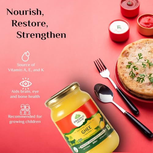 Image of Organic India Pure Cow Ghee, 500ml | Labs Tested on 250+ Parameters | Certified Organic | Glass Bottle | Sourced from Organically Fed Cows | Authentic Taste, Rich in Healthy Fat (Pack of 2)