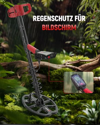 KAIWEETS Metalldetektor Profi, wasserdichte Doppel-D-Spule, 5 Modi Goldsuchgerät mit Upgrade Teleskopstange, Wiederaufladbarer Akku, Pinpointer, Verbesserter Grabungsmesser, Regenabdeckung (Rot)