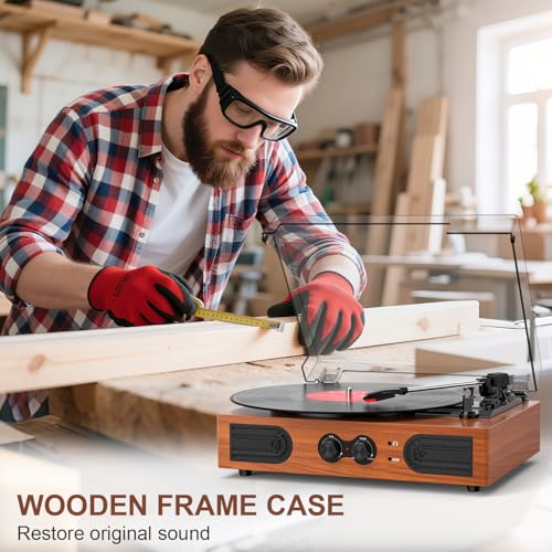 Image of Vinyl Record Player with Built-in Stereo Speakers, 3-Speed Belt-Drive Turntable, Treble & Bass Control, RCA-Out /AUX-in, Headphone Jack Vintage LP Player, Red Wood