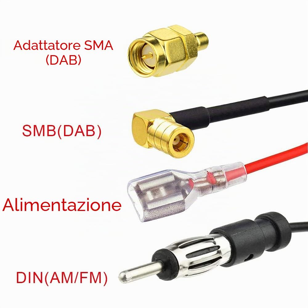 Eightwood Antenna Radio Auto DAB+ AM/FM Tetto 5m con Amplificatore | Antenna combinata con Adattatore SMB DIN SMA Per Alpine Sony Pioneer Camper Furgone Truck