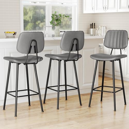 Image of Raynesys 29-Inch Leather Bar Stools Set of 3 with High Backrest, Grey